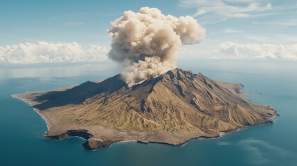 Volcanic eruption with smoke over an island landscape.