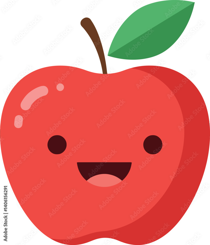 Poster happy red apple character with a smiling face in flat vector art style