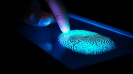 Neon fingerprint glowing on dark digital screen