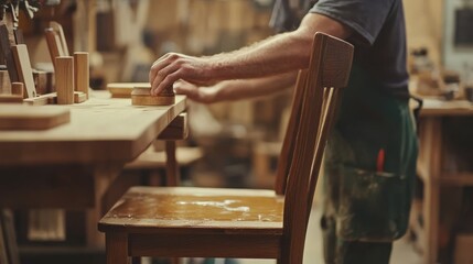Obraz premium Carpenter applying varnish to a wooden chair in a workshop. Featuring finishing work and craftsmanship