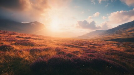 Fototapeta premium Majestic landscape with sunset over rolling hills and vibrant grass.