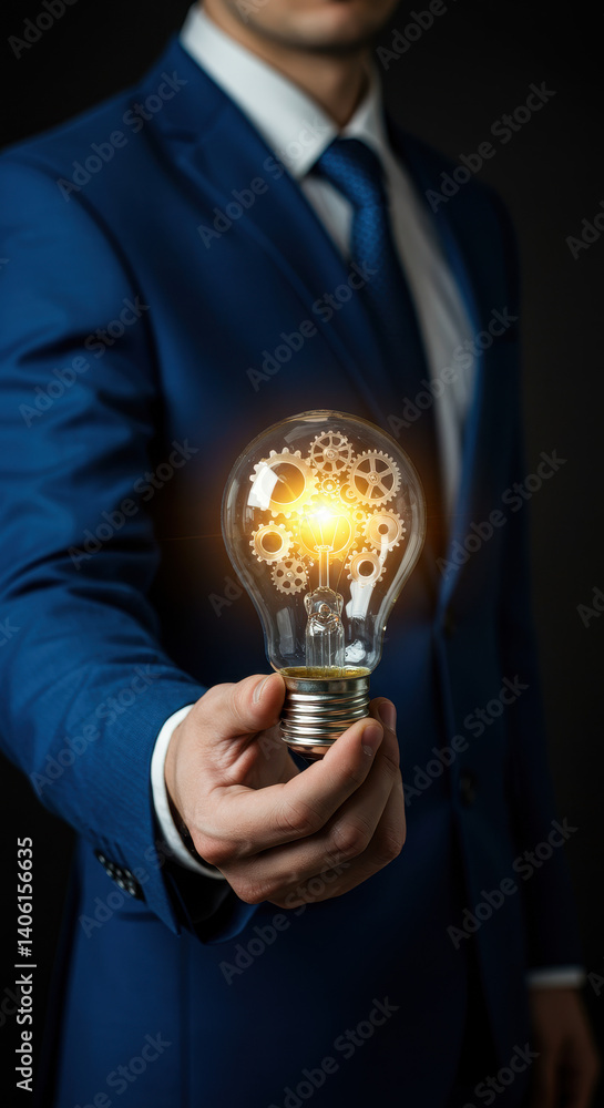 Poster idea spark: lightbulb with gears & business suit. innovation, success & problem solving concept.