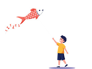 A young boy reaching out to a flying koi fish in flat vector art