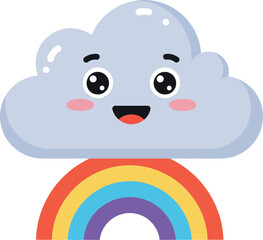 Fototapeta premium Cute smiling cloud with rosy cheeks and a vibrant rainbow beneath it in flat vector art