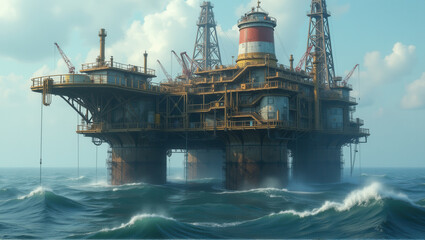 Obraz premium An offshore oil rig stands in the ocean with cranes and equipment visible. A boat is nearby, and the structure shows signs of rust and wear. Generative, AI,
