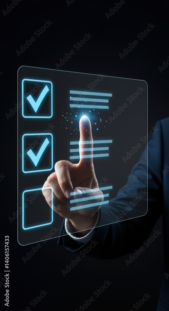 Poster digital checklist: business hand ticking virtual to-do list with touchscreen interface & glowing che