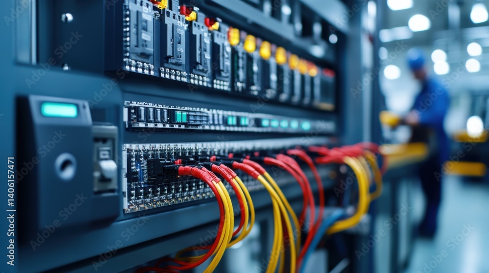 Poster detailed view of electrical control panel with colorful wires and technician working in background