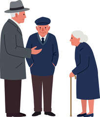 Fototapeta premium Three elderly people engaging in conversation in a flat, minimal style vector illustration