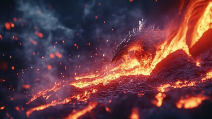 Fiery dragon emerging from molten earth.