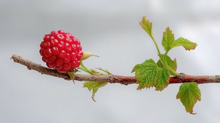 Close-up of a vibrant red raspberry on a branch.