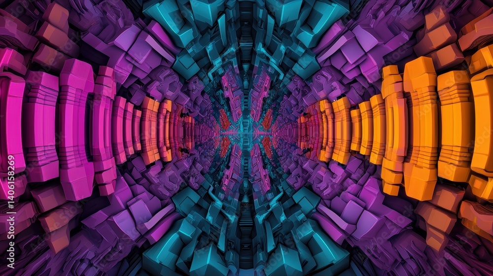 Poster vibrant abstract digital pattern with symmetrical geometric shapes.