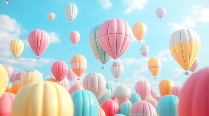 A pastel colored hot air balloons floating in a blue sky with some clouds in the background view