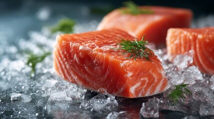 Raw salmon fish on ice cubes. Premium background