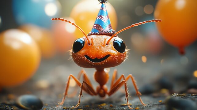 A cartoon ant wearing a party hat surrounded by balloons in a celebratory setting close up view