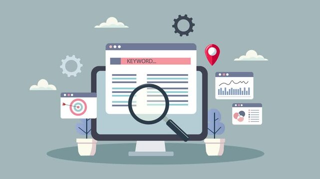 SEO Optimization and Keyword Research or Metadata Filling flat design animation. Desktop screen displays charts, search bars, tags, and keyword lists, Analytics tools ( magnifying glass) 