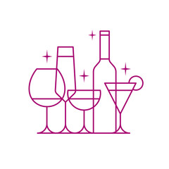 Wine and Cocktail Glasses Logo. Minimal Line Art Bar Symbol