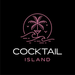 Sunset Cocktail Island Logo. Elegant Night Beach Bar Design