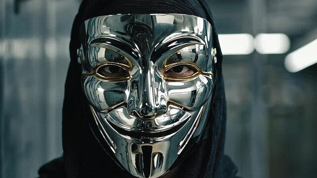 Close-up portrait of a person wearing a shiny metal mask with a hood looking directly at the camera, anonymity concept