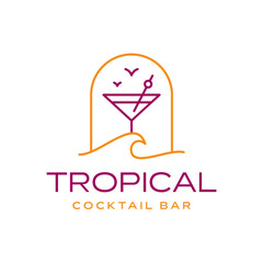 Tropical Cocktail Bar Logo. Line Art Exotic Drink and Palm Scene