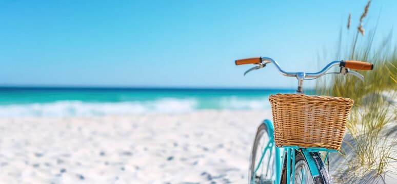 Bicycle on beach with basket summer seaside vacation