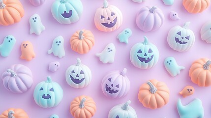 Pastel halloween decorations arranged on a pink background.