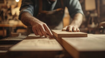 Carpenter assembling a wooden table in a workshop. Featuring woodworking and craftsmanship
