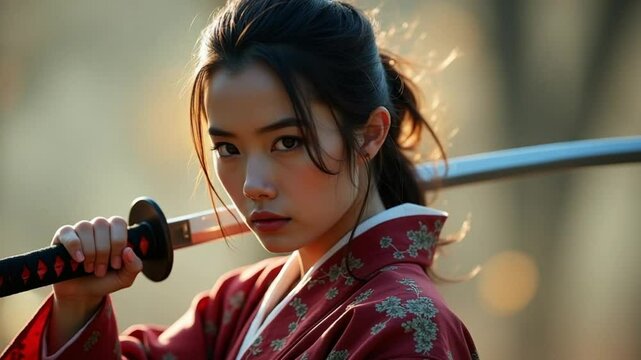 Intense Gaze: Young Woman in Red Kimono Gripping Katana, Sunlit Forest Background