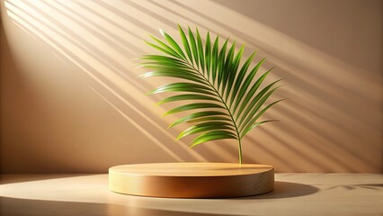 Obraz premium Minimalist Wooden Podium with Palm Leaf, Sunlight Background