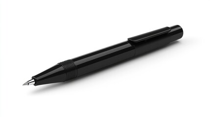 Glossy black ballpoint pen, angled on a white background.