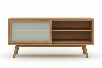 Light Brown Wooden Sliding Door Cabinet With Mid Century Legs