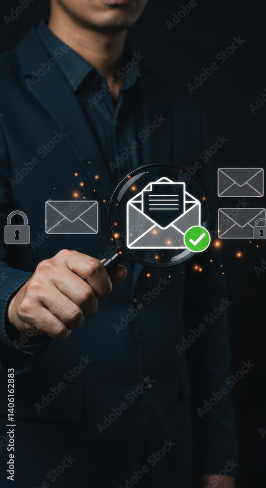 Poster email security check: magnifying glass inspecting safe mail. protect your inbox & data. stay secure 