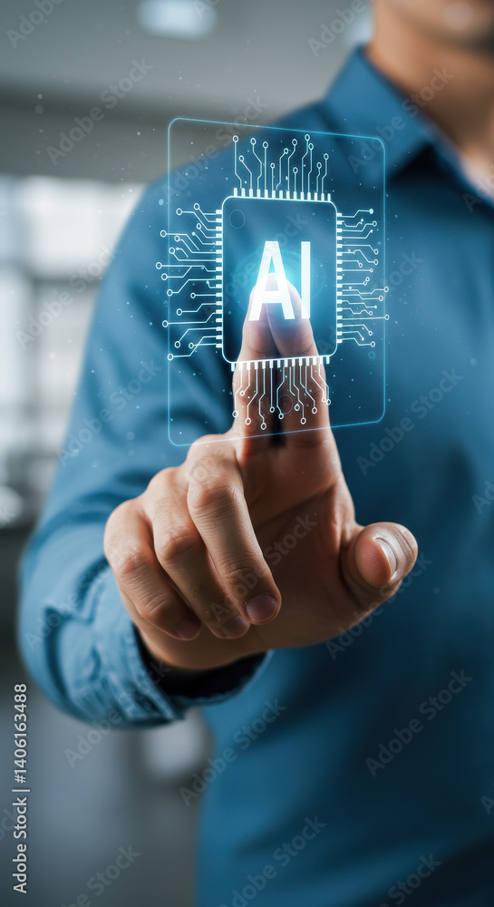 Poster ai touch: man interacting with artificial intelligence on digital interface, technology innovation c
