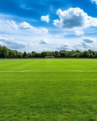 Fototapeta premium Wellmaintained green soccer field with goalposts, symmetrical and clean layout
