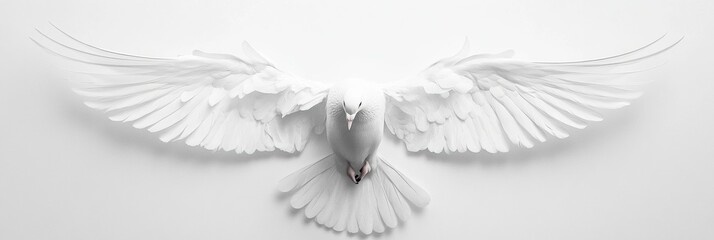 Dove with wings outstretched in a symbolic pose against a pure white background highlighting its grace and beauty