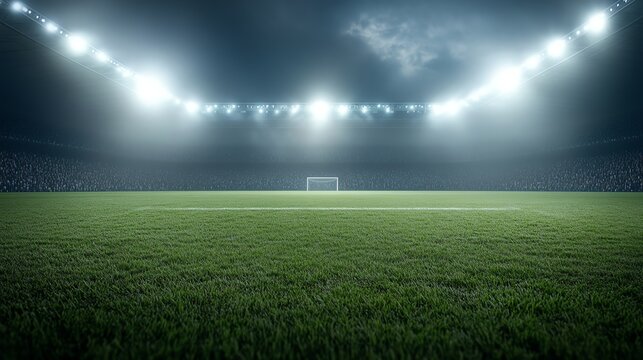 Night view of illuminated soccer stadium packed with fans, glowing field under bright floodlights