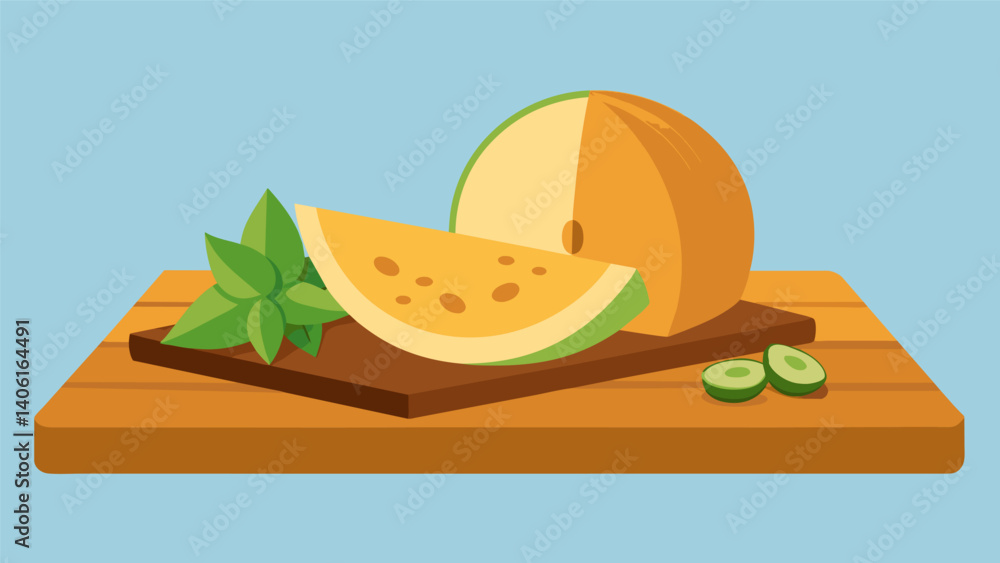 Poster a pairing of sharp parmesan cheese and succulent honeydew melon creating a savory and sweet combinat