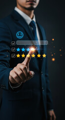  Customer Feedback: Businessman Rating with Stars & Smiley, Service Review, User Experience, Client Satisfaction, Digital Evaluation