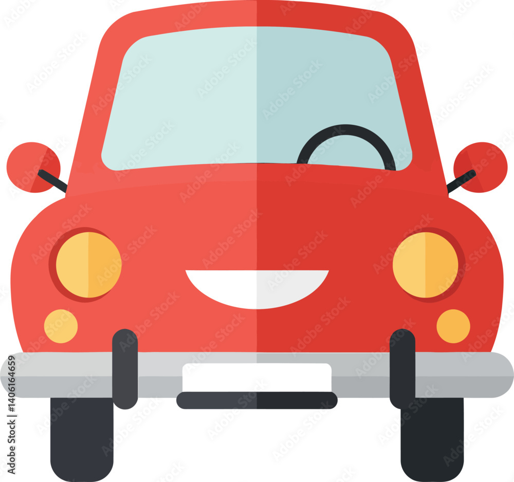 Poster red compact car with cheerful expression in flat design vector art