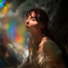 Nymph in enchanted waterfall, ethereal portrait, rainbow light refraction and negative space on right
