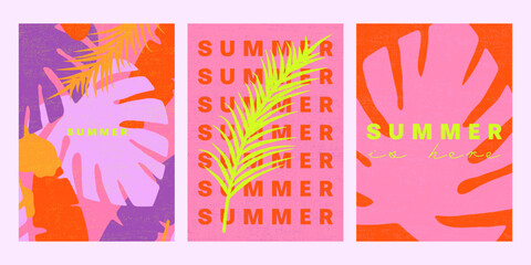 Summer posters collection with bold typography, tropical leaves and grainy texture in retro pop art style, vibrant palette of pink, orange, yellow and purple for prints, flyers, backgrounds etc.