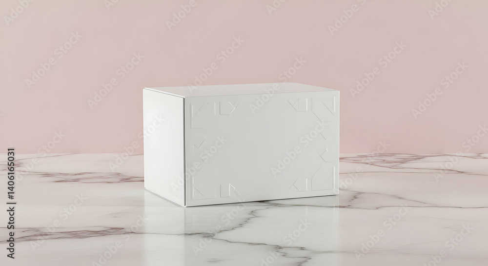 Poster white cube display box on marble surface with pink background