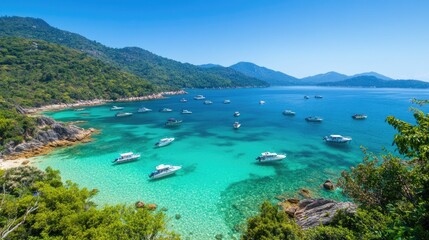 Obraz premium Boats anchored coastal turquoise waters lush green island scenery travel destination