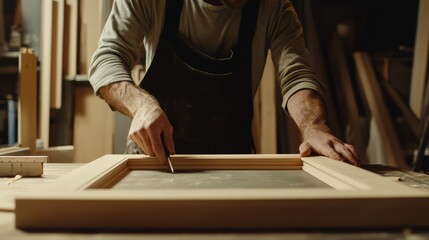 Carpenter constructing wooden frames for windows in a workshop. Featuring woodwork precision