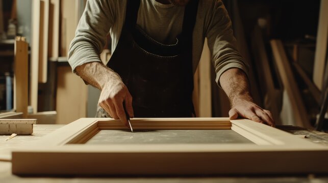 Carpenter constructing wooden frames for windows in a workshop. Featuring woodwork precision