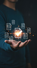 Document Control: Man Holding Digital Compliance Checks, Paperwork, Data Verification & Certification with Visuals.