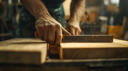 Carpenter cutting wood for a custom bookshelf in a workshop. Featuring woodworking and customization