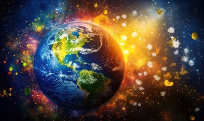 Obraz premium Earth, cosmos, dandelion seeds, swirling nebula, environmental change, nature, space, global