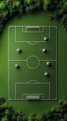 Graphic top view of football field with icons for players, tactics, and ball movement