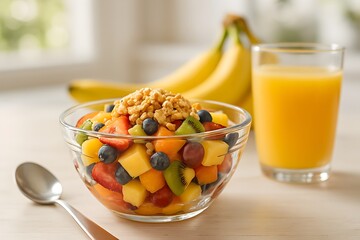 Healthy breakfast with fruits, cereal and juice