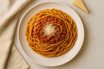 spaghetti on a plate, spaghetti bolognese, top view
